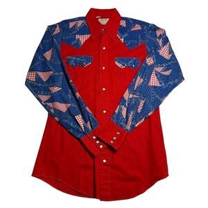 Vintage Dee Cee Mens Western Pearl Snap Shirt 15-35 Red USA America 4th of July